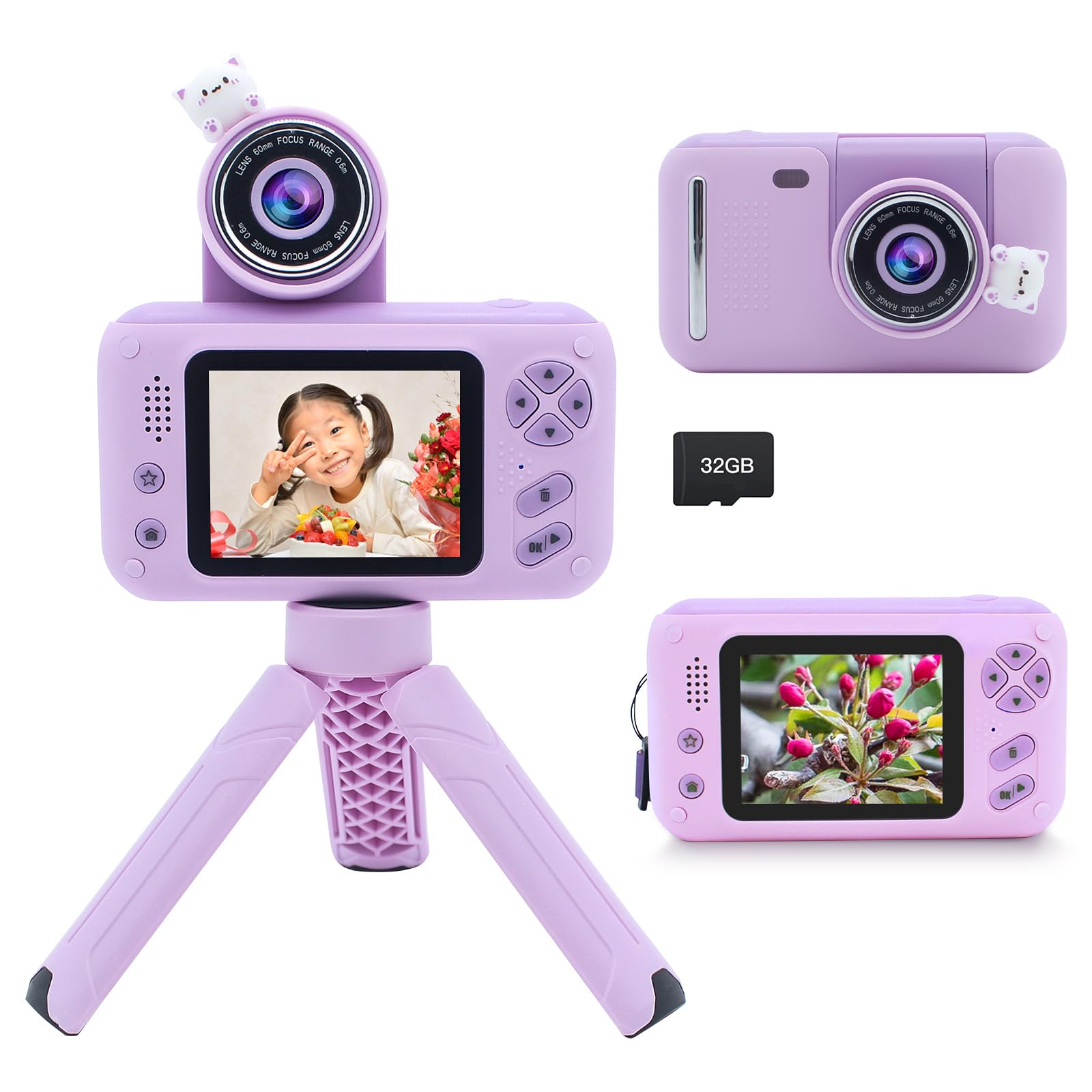 Yukicam キッズカメラ 三脚付き 子供 小学生用 2.4 インチ ディスプレイ デジタルカメラ 初心者 コンパクトカメラおもちゃ お子様へのプレゼント ビデオカメラおもちゃ 180° 回転レンズ付き 3-10歳 女の子 男の子 誕生日 クリスマス 32GB SDカード付き商品画像