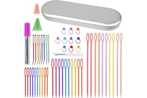 BUPETE 53 Pcs Large Eye Needles Set Including 30 Large Eye Plastic Needles, 8 Yarn Needle Bent Tip Needles, 10 Knitting Stitch Markers with Box, Seam Ripper, Knit Needle Tip Covers and Needles Bottle
