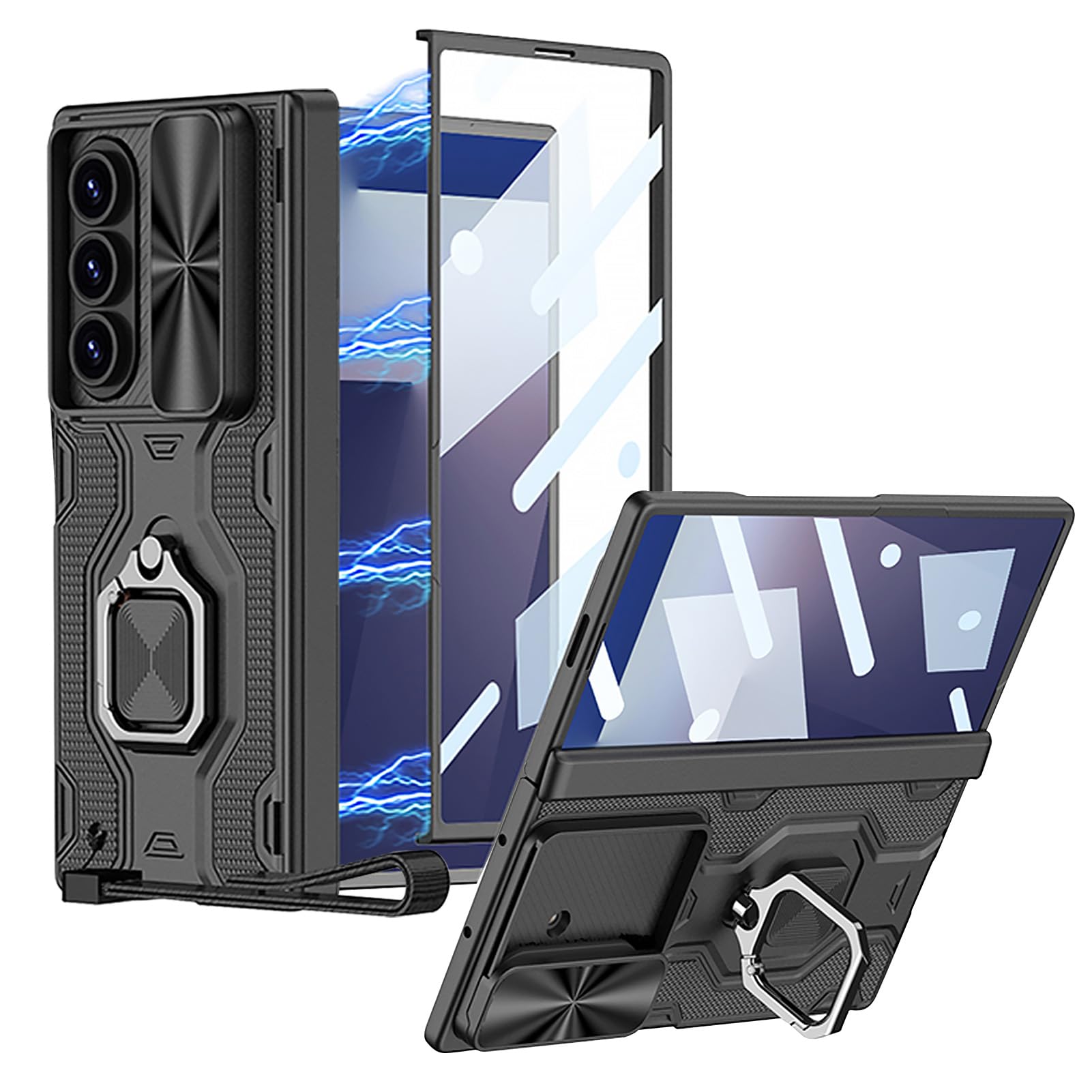 Photo 1 of DEMCERT for Samsung Galaxy Z Fold 7 Case with [Ring], Hinge Protection Built-in [Screen Protector] [Ring Kickstand] [Slide Camera Cover] [Lanyard] Full Body Case (Black)