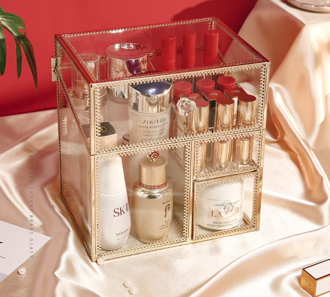 MOOCHI Golden Vintage Glass Cosmetic Multifunctional Makeup Organizer with Pearls Dustproof Cosmetics Storage Display Case For Brushes Lipsticks: Home Improvement