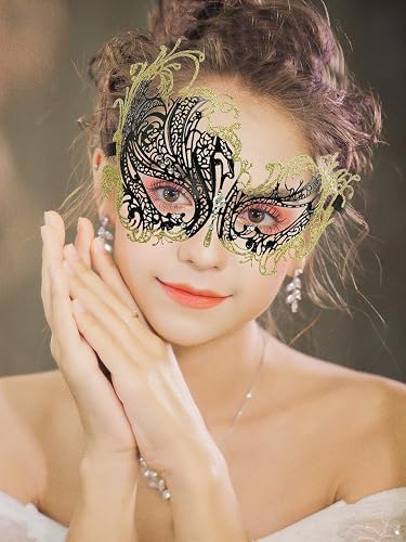 Couple Masquerade Metal Masks - Venetian Style With Rhinestones, Adjustable Lace Band | Halloween, Mardi Gras, Cosplay Costume