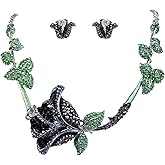 EVER FAITH Austrian Crystal Rose Flower Leaf Necklace Stud Earrings Set Silver-Tone