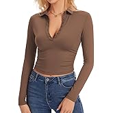 Eyanse Womens Polo Shirts Long Sleeve,Cropped Collared Shirt Cute Fitted V Neck Tops with Button