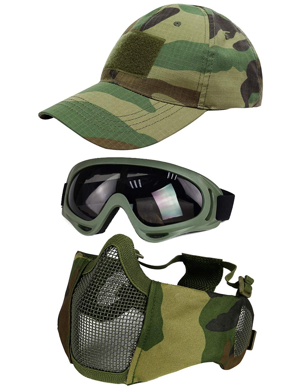 Hodeacc 3 Pcs Tactical Airsoft Mask Goggles Baseball Cap Set,Adjustable Half Face Mesh Mask with Ear Protection,Airsoft Glasses Eye Protection Outdoor Hat for Outdoor BB/CS Game