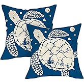 Fjfz Beach Sea Turtle Decorative Throw Pillow Covers 18 x 18 Set of 2, Coastal Ocean Klein Blue Porch Outdoor Home Decor, Seasonal Nautical Bubble Couch Cushion Case
