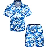 Yoimira Boys Hawaiian Shirt and Short Set Beach Shirts for Kids Printed Casual Outfit 2 Piece with Pocket 7-14 Years