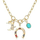 SPARKLAURA Gold Charm Necklace for Women Western Jewelry, Boho Horseshoe Pendant Cowgirl Cowboy Boots Hat Bull Head Cactus Charms Dainty Paperclip Chain Choker Necklaces