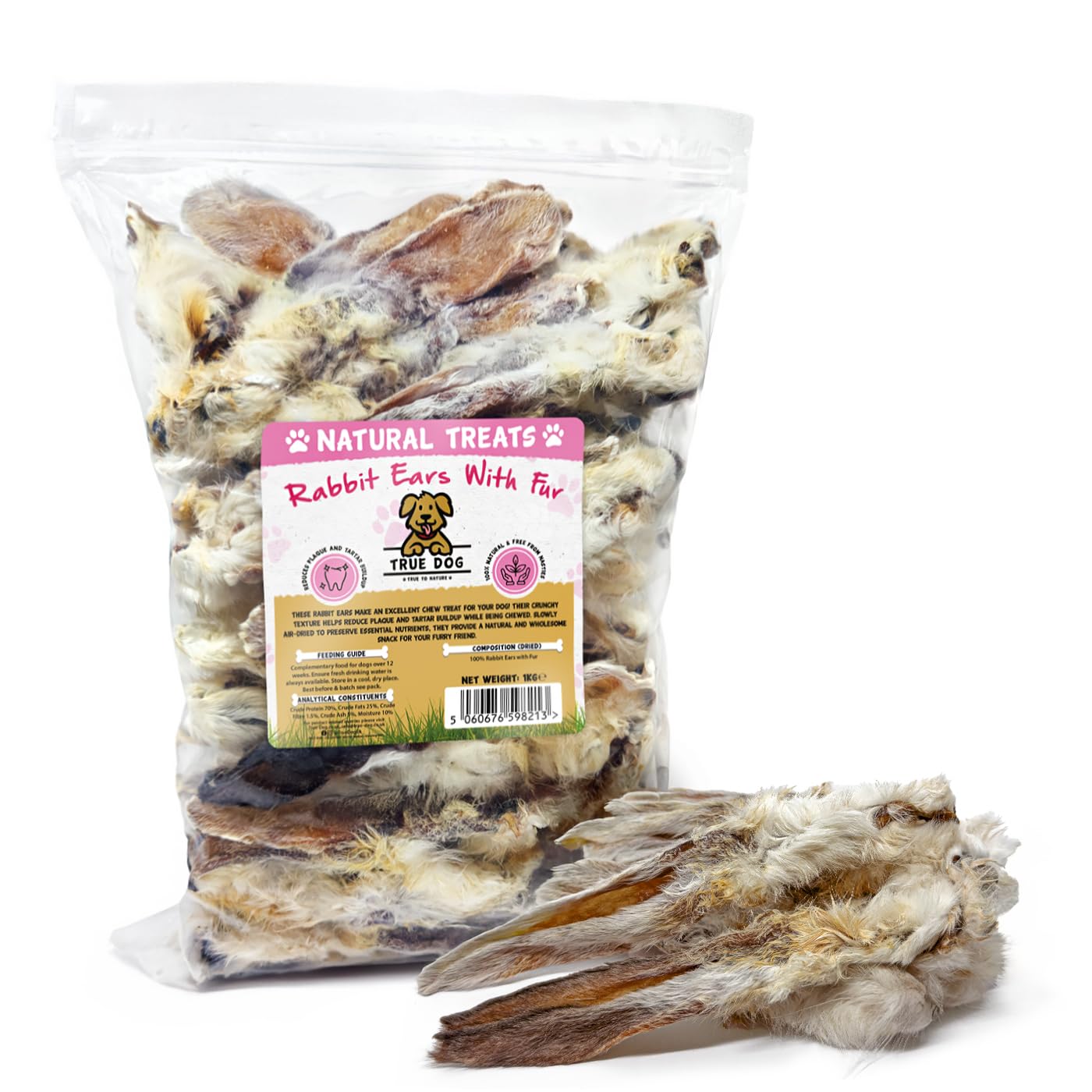 True Dog Rabbit Ears with Fur 1kg (75-85 Ears) | Premium Hypoallergenic Dog Chew Treat for Puppy, Adult & Senior, 100% Natural, Grain & Gluten Free Treat
