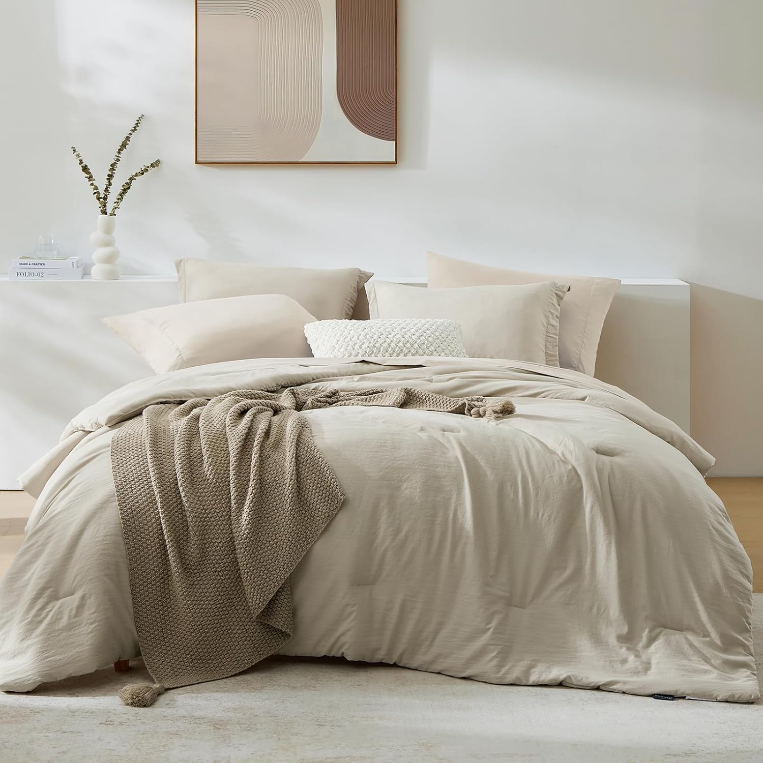 Photo 1 of ***DIRTY NEEDS CLAEANING*** WRENSONGE King Size Comforter Set, 7 Pieces Soft Light Oatmeal Bed in a Bag King with Fitted Sheet, Flat Sheet, 2 Pillow Shams, and 2 Pillowcases- Warm Bedding Set for All Season