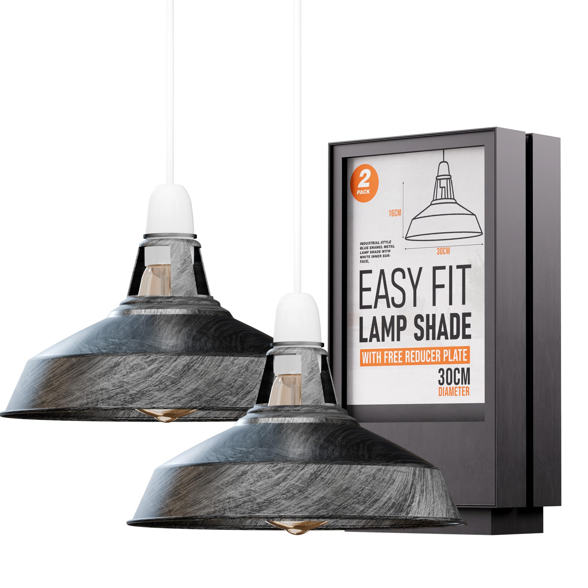 DC Voltage Retro Modern Metal Lamp Shades Ceiling Light Shades 30cm Easy Fit Lampshades for Industrial Pendant Lights Bedroom, Kitchen Antique Shade (2 Pack - Brushed Silver)