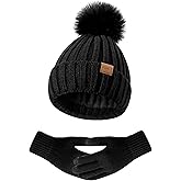 Winter Beanie Hat Gloves Set for Women Fleece Lined PomPom Hat Touchscreen Gloves