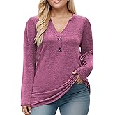 DOLNINE Womens-Plus-Size-Tops Trendy Henley Button Shirts Casual V Neck Long Sleeve Tunic Sweatshirts XL-5XL