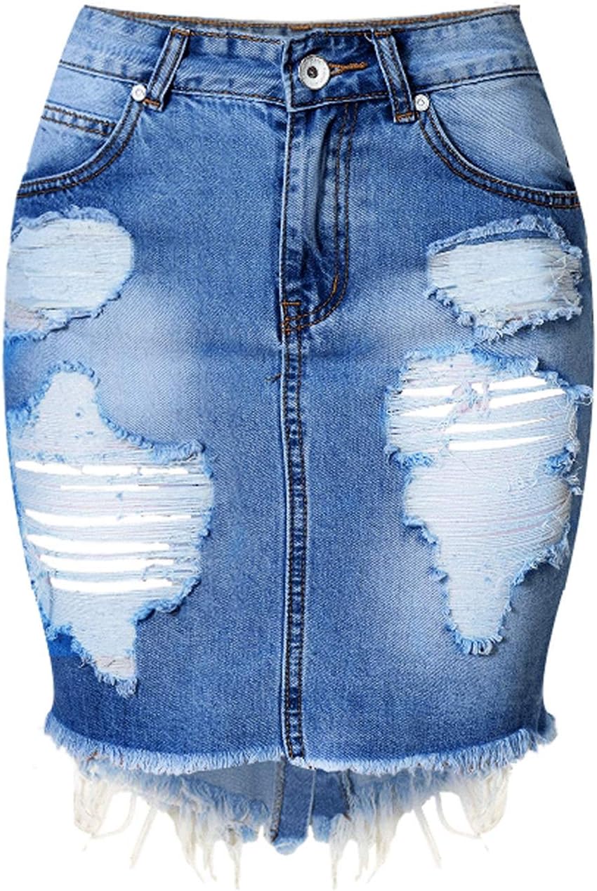 Tribear Women's Washed High Waist Ripped Hole Denim Skirt