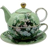 Porcelain 13 OZ Tea for One Teapot and Cup Set Vintage Floral Ceramic Tea Set European Style Tea pot and Saucer Set (White Roses)