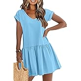ETCYY NEW Summer Dresses for Women Rolled Short Sleeve Mini Dress Casual Beach V Neck Flowy Sundresses