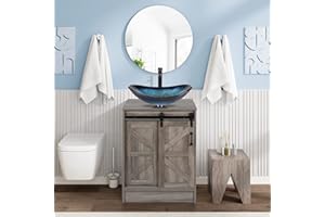 Puluomis 24 inch Bathroom Vanity, Barn Door Modern Wood Fixture Stand Bathroom Cabinet with Bathroom Boat Blue Glass Vessel Sink Top