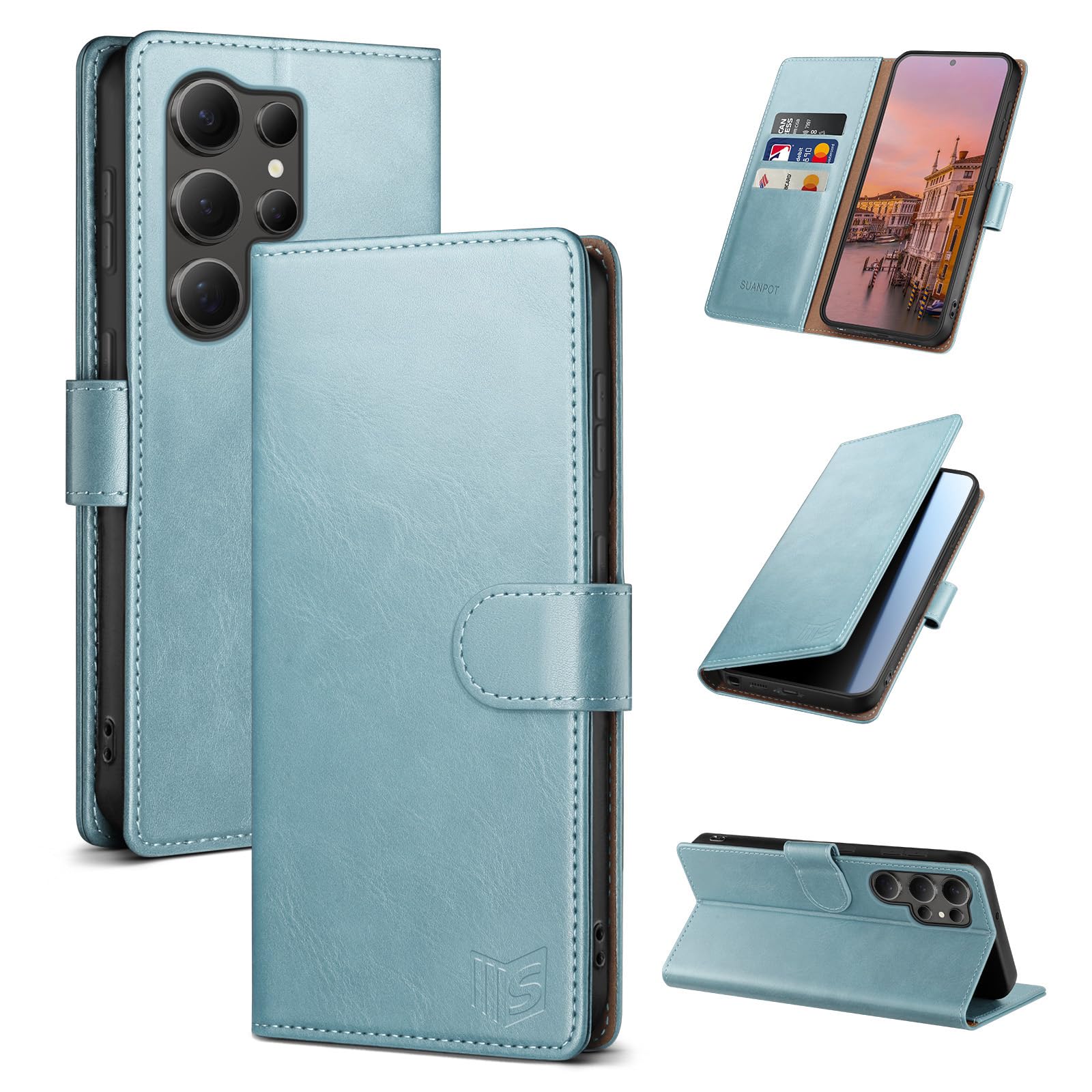 SUANPOT Compatible with Samsung Galaxy S23 Ultra Wallet case with RFID Blocking Credit Card Holder,Flip Book PU Leather Protective Cover Men Women for Samsung S23 Ultra Phone case Sky Blue Color