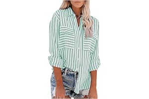 TAPANET Women's Striped Button Up Blouse Trendy Business Tops Dressy Soft Cotton Linen Tops Casual Long Sleeve Tops Fall Shirt