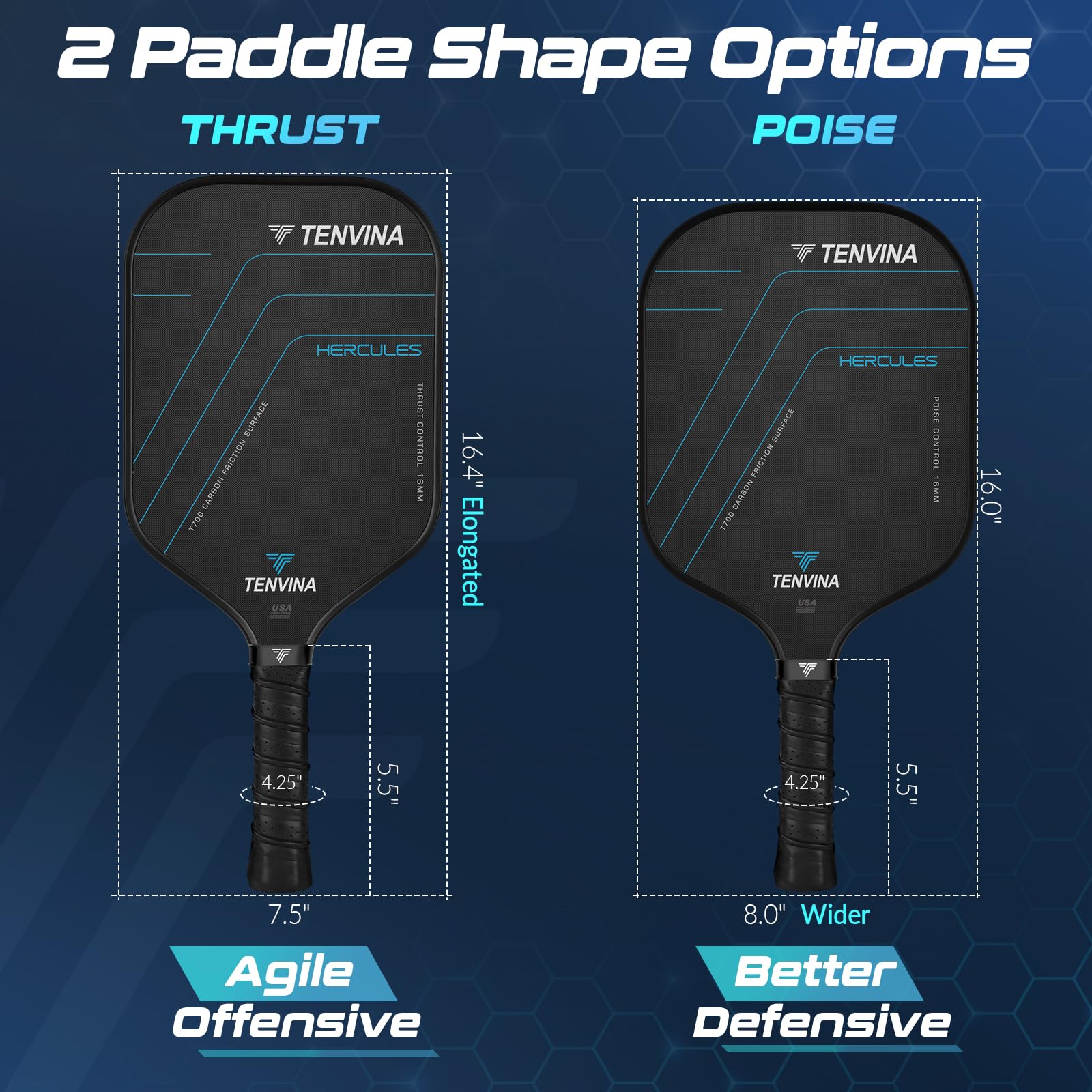 TENVINA Pickleball Paddles, Multi-Layer T700SC Textured Carbon Fiber Pickleball Paddle, 4-Types of Thicknesses and Shapes, USAPA Approved Pickle Ball Paddle, Strong Power and Spin Surface