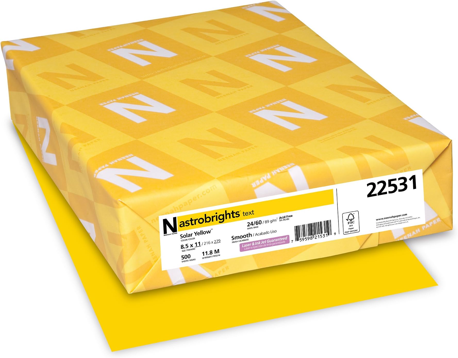 NeenahWausau Paper 22531 Astrobrights Color Paper, 8.5” x 11”, 24 lb / 89 GSM, Solar Yellow, 500 SheetsThe Forest Stewardship Council