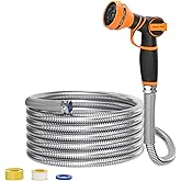 Giraffe Tools Garden Hose 50ft x 3/4", 304 Stainless Steel Metal Water Hose, No Kink Garden Water Hose with 9 Pattern Spray Nozzle, Flexible, Lightweight, Kink Free Hose for Yard, Outdoor