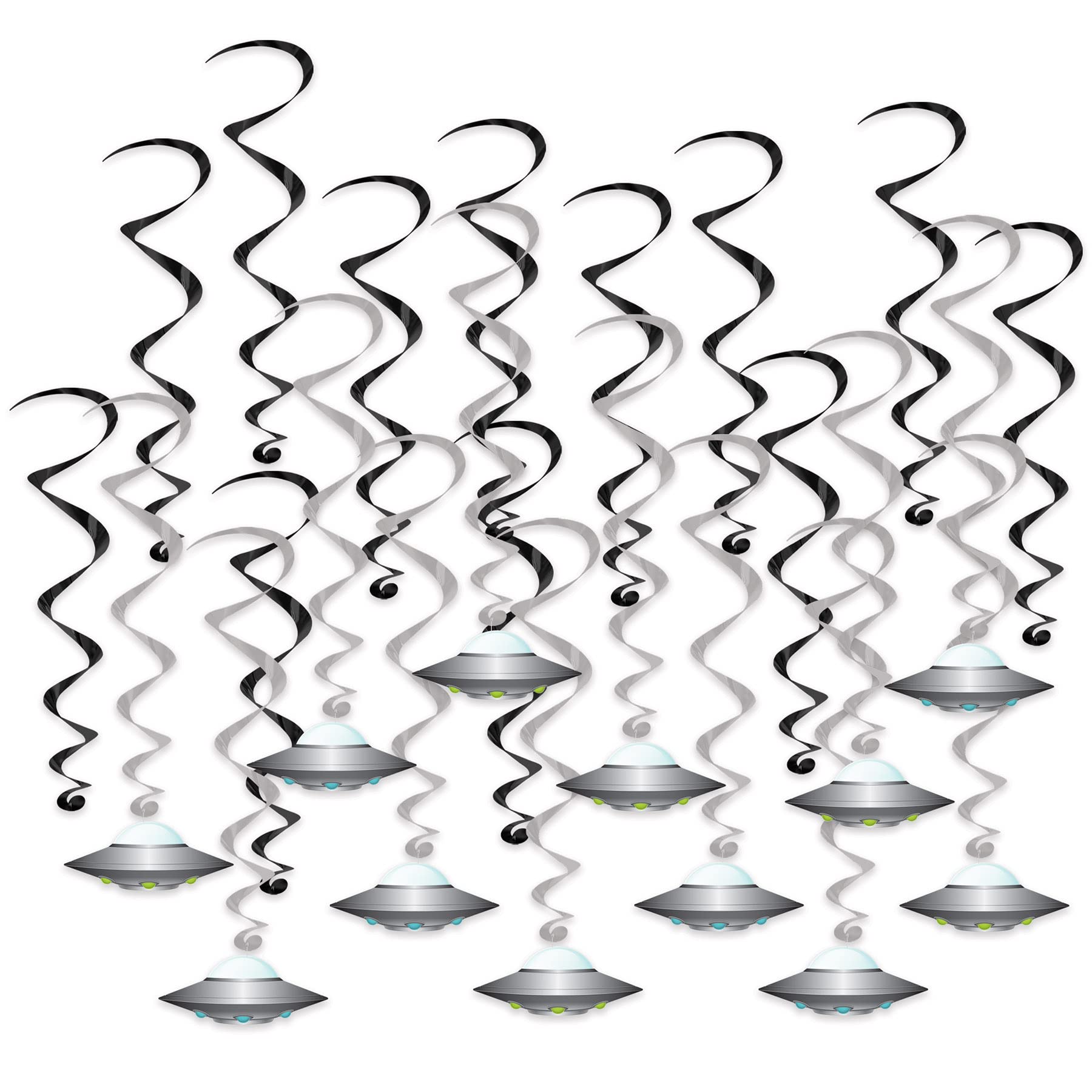 Beistle 53763 Flying Saucer Whirls 24 Piece Outer Space Decorations Alien Party Supplies Hanging Spirals, Paper, Black/Silver/White/Blue/Green