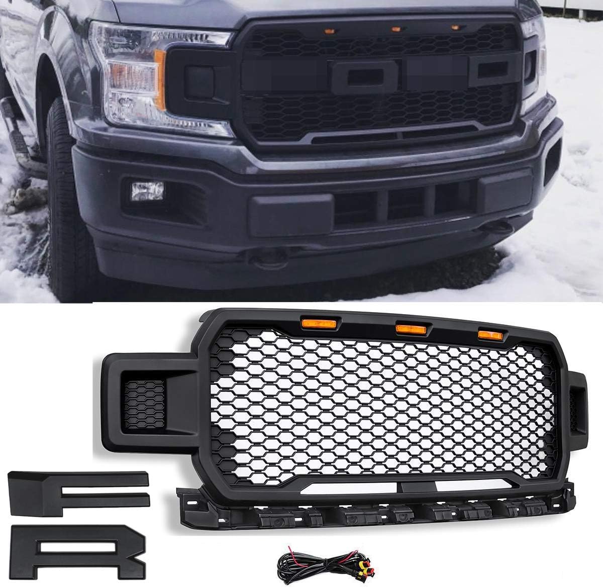 Modifying Replacement Upper Grille ABS Front Mesh Grill Fit for 2018 2019 2020 F-150 Ford F150 with Three Amber LED Lights (Matte Black)