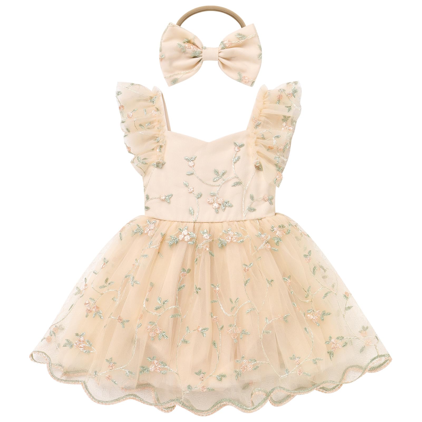Photo 1 of FYMNSI Baby Girls Outfits Ruffle Floral Embroidered Romper Tulle Tutu Dress with Headband for 1st Birthday Party Cake Smash Toddler Princess Boho Summer Dresses Infant Newborn Clothes Apricot 12-18M