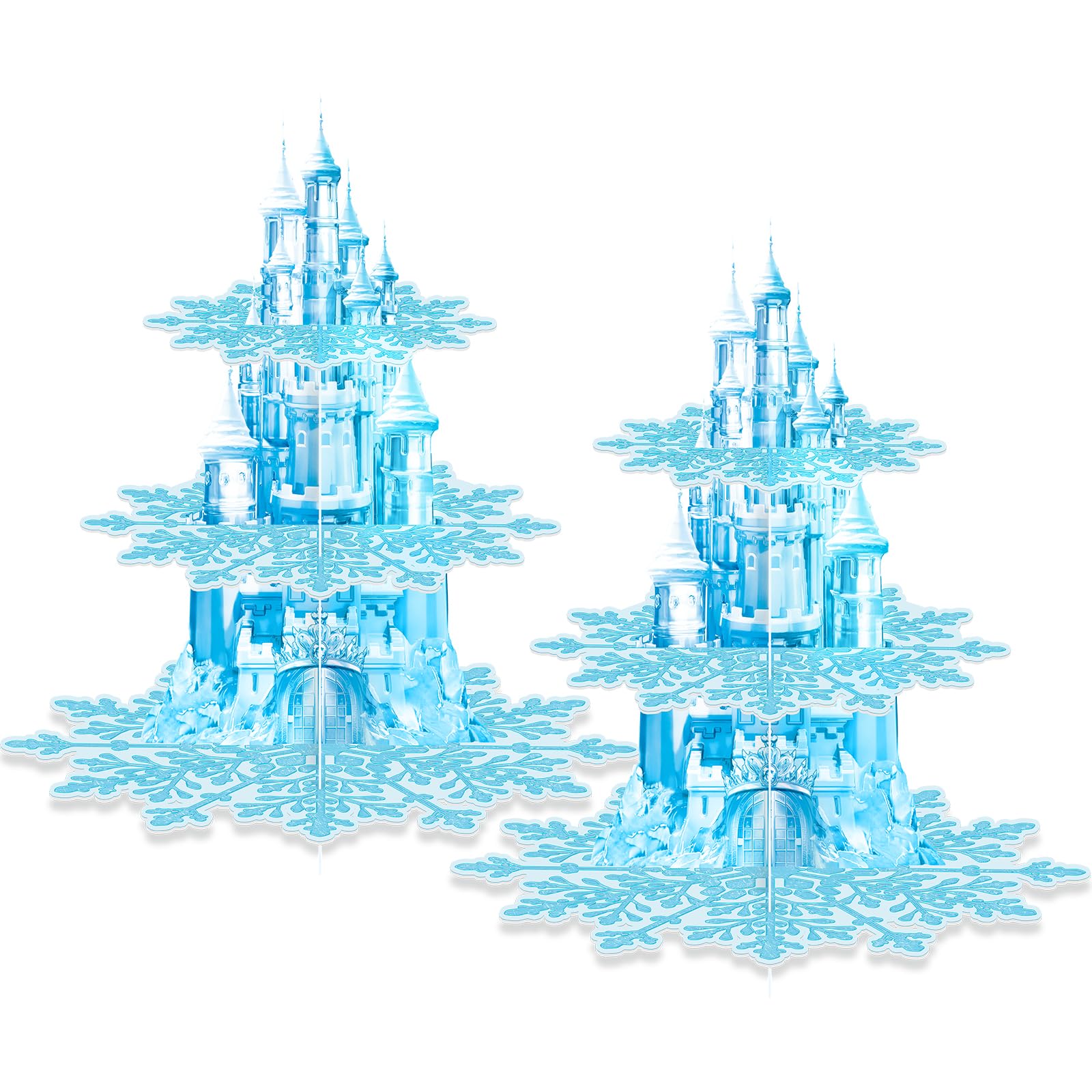 Photo 1 of 2 Pack Cupcake Stands Frozen Birthday Party Decorations: 3-Tier Snowflake Winter Wonderland Theme Cupcake Holders for Girls Kids Princess Party Favors, Blue Castle Toppers Cup Cake Tower Stand