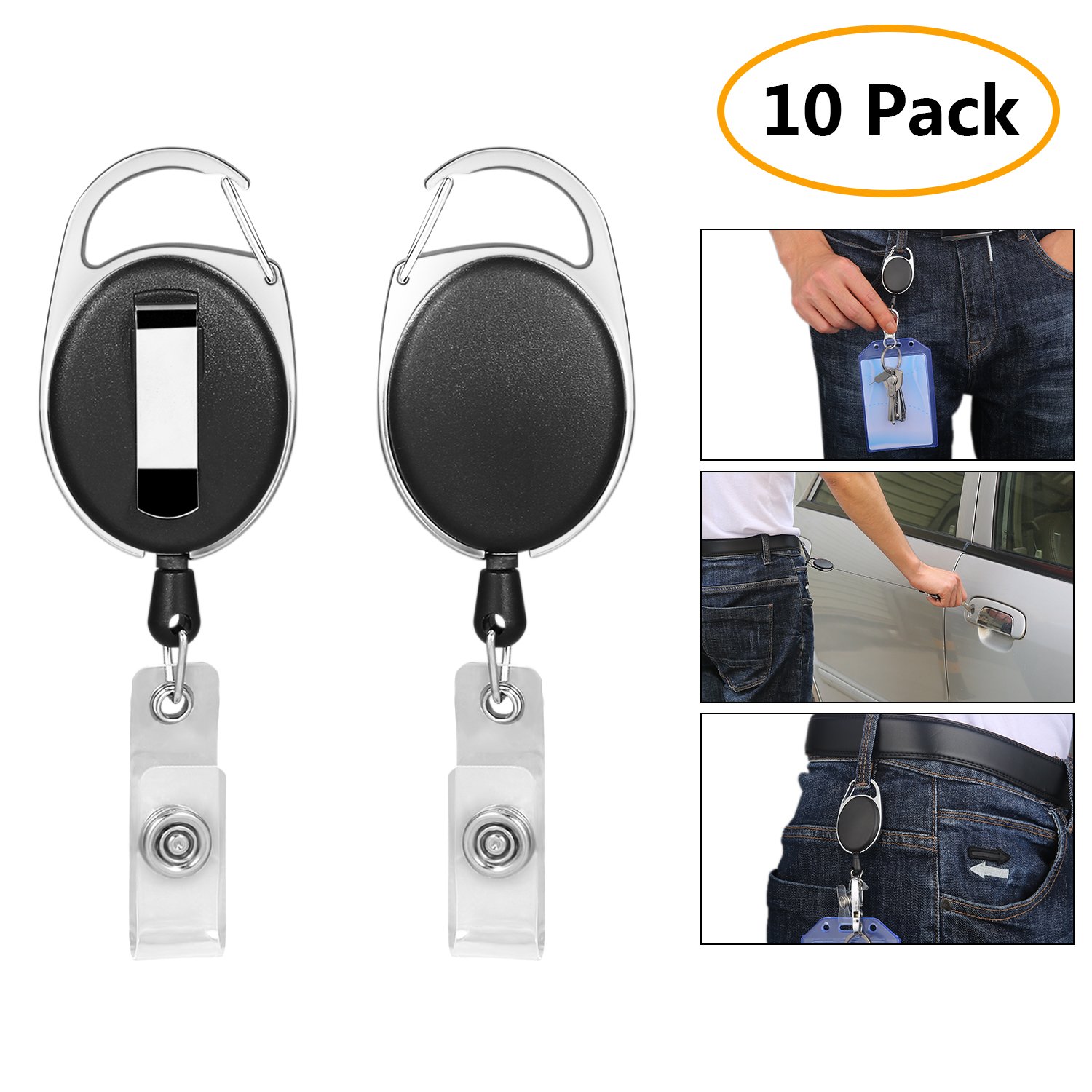 CLEYCYE Retractable Badge Reel - with Carabiner Belt Clip - Black Retractable ID Badge Holder for Office Company Employee School Bus Pass ID Card Holder, 10 Pack