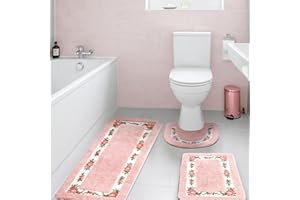 Drydiet 3 Pcs Rose Flowers Bathroom Rugs Set Coquette Room Decor Floral Carpet for Bathroom Bedroom Living Room, Floral Bath Mat Non Skid Romantic Rose Flower Area Rugs 3 Shapes (Pink,Large)