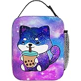 WOEMOZAP Galaxy Dog Insulated Lunch Box,Kawaii Dog Drinking Boba Bubble Tea Kids Lunch Bags For Girls,Reusable Portable Kids Girls School Lunch Box With Detachable Handle