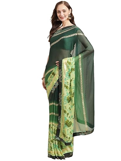 Womens Georgette Floral Print with Printed Lace Border Saree[Green]
