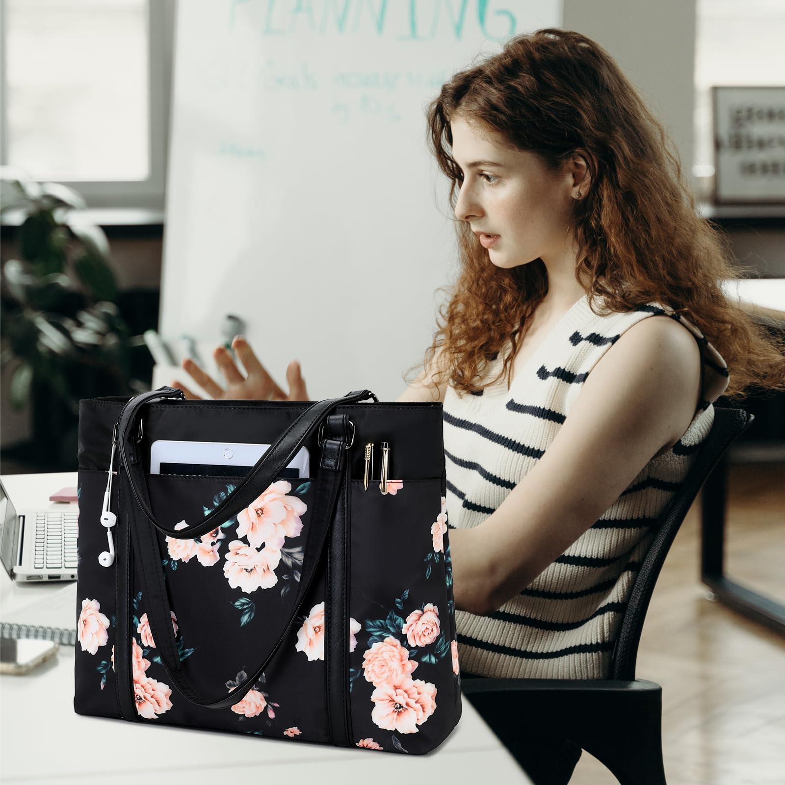 Laptop Tote Bag Womens Work Bags Purse Floral Teacher Handbag Shoulder Bag fit 15.6 in Laptop (Black - Peony Floral)