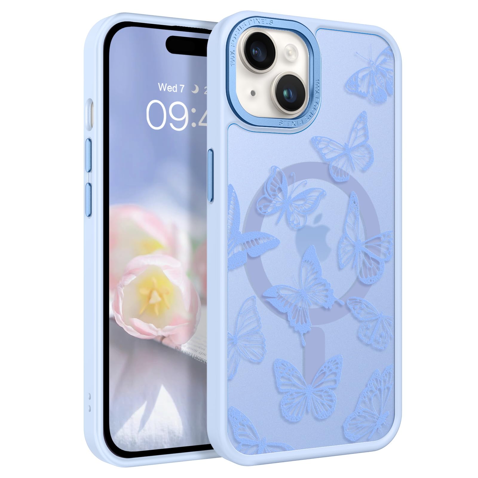 BENTOBEN iPhone 15 Plus Case, Cute Butterfly Pattern Magnetic Case [MagSafe Compatible] Translucent Matte Slim Women's Protective Case for iPhone 15 Plus 6.7", Baby Blue