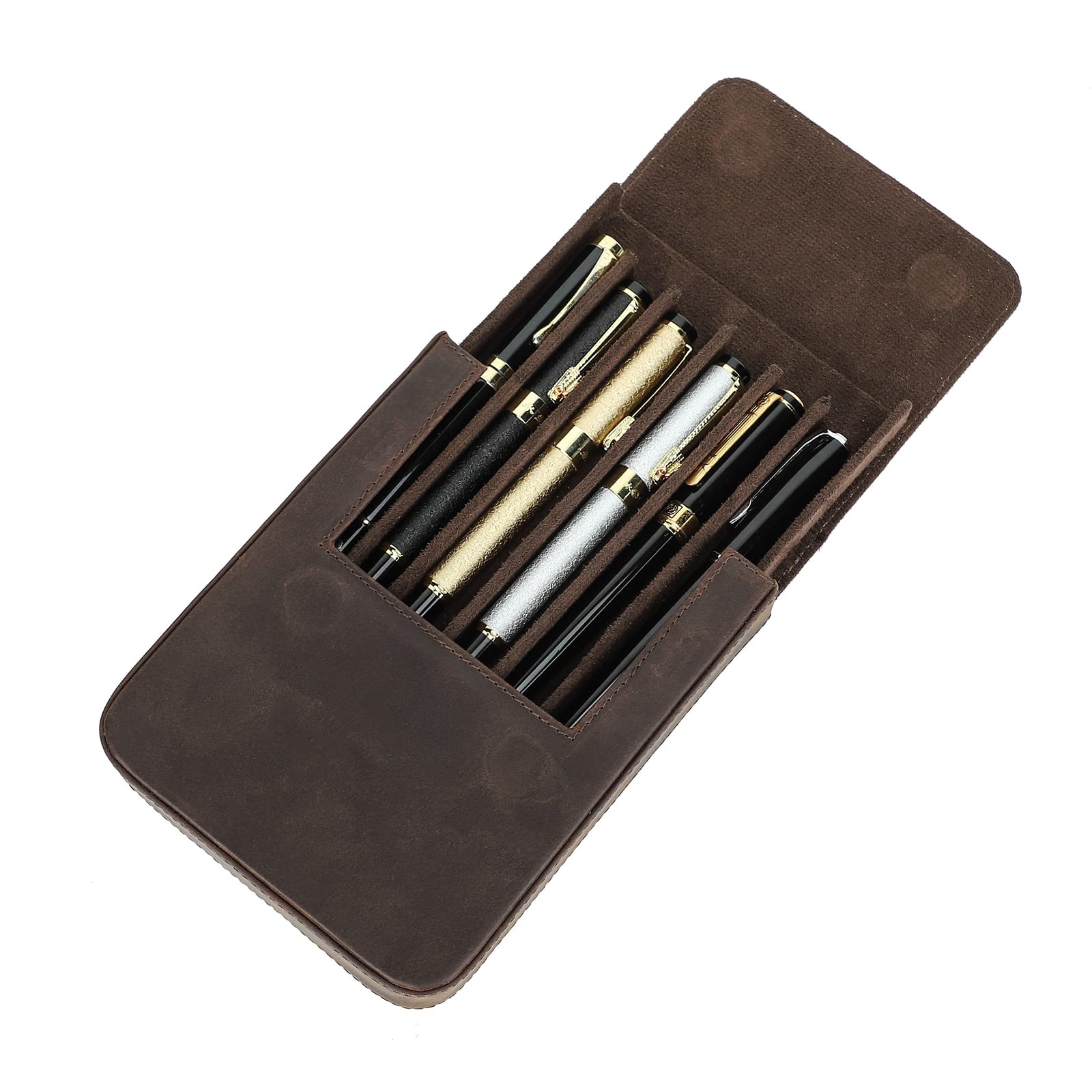 CONTACTS Genuine Leather Pen Case, Vintage 6 Pens Holder,Pen Protective Sleeve for Travel, Elegant Desk Accessory,Pencils Organizer Box