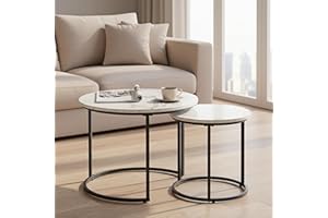 CUIZEHUA Round Nesting Coffee Table Set of 2, Modern Marble Pattern Wooden Nesting Tables, Stacking Minimalist End Table for Living Room Bedroom Small Space, White and Black