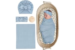 ZURLEFY Stretchy Baby Swaddle Blanket and Headband Set, Newborn Receiving Blankets with Matching Hat for Nursery Swaddle Wrap
