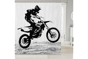 Erosebridal Teens Dirt Bike Shower Curtain, Motocross Rider Bath Curtain Motorbike Extreme Sport Waterproof Decor for Bathroom, Motorcycle Grunge Shower Curtain Set, Black White, 72" W X 72" L