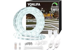 YQNLIFA 40ft LED Rope Lights, Dimmable 432 LEDs IP65 Waterproof Outdoor Indoor Linkable Cuttable Rope Light, 110V 6000K Daylight White Christmas Rope Light for Patio Garden Corridor Party Decor