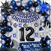 12th Birthday Decorations for Boys and Girls Dark Blue, 12 Year Old Party Supplies with HAPPY BIRTHDAY Banner 12 Balloon Number Tablecloth Foil Star Balloons Garland Arch Kit