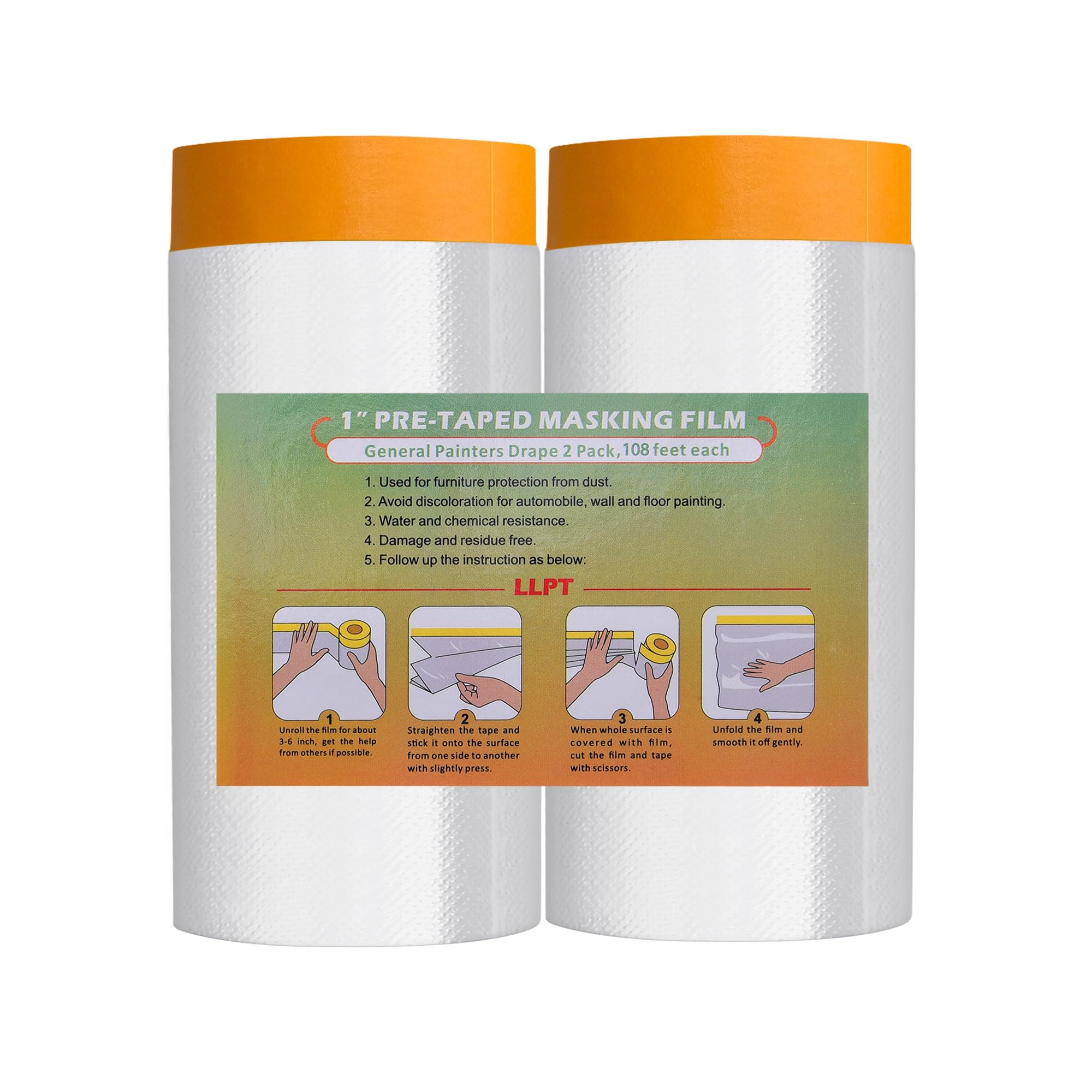 LLPT Tape and Drape Pre-Taped Masking Film | 2-Pack | 140cm(Unfolded) x 33m | Versatile Painter's Plastic Dust Sheets | for Auto Wall Furniture Painting and Spraying Protection (MFTO1433)