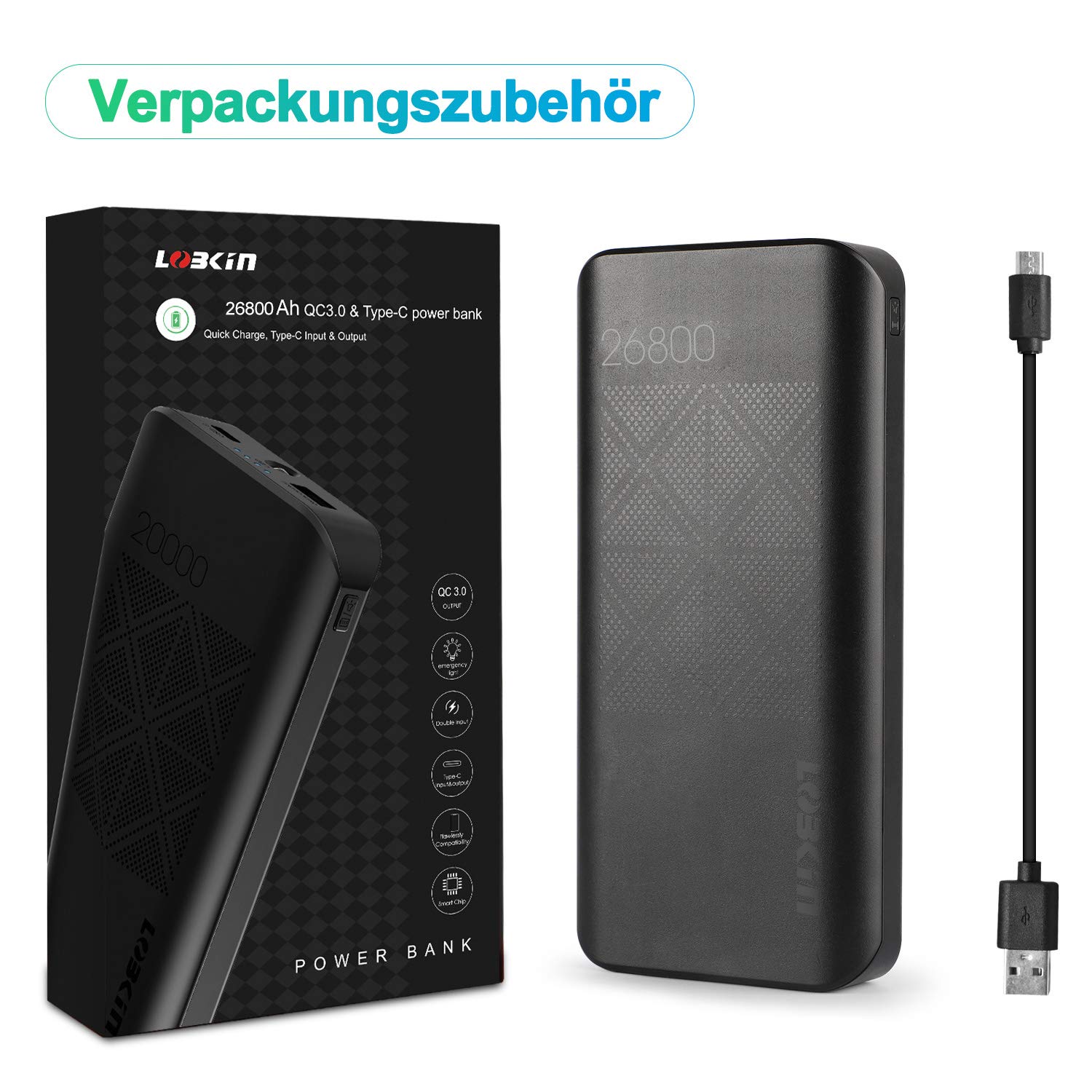 LOBKIN Tragbares Ladegerät 26800mAh 18W Hohe Kapazität Externer Akku, PD3.0&QC3.0 Schnell Wiederaufladbar Power Bank, Typ C Tragbares Telefon Ladegerät für Smartphone, iPad und Tablet