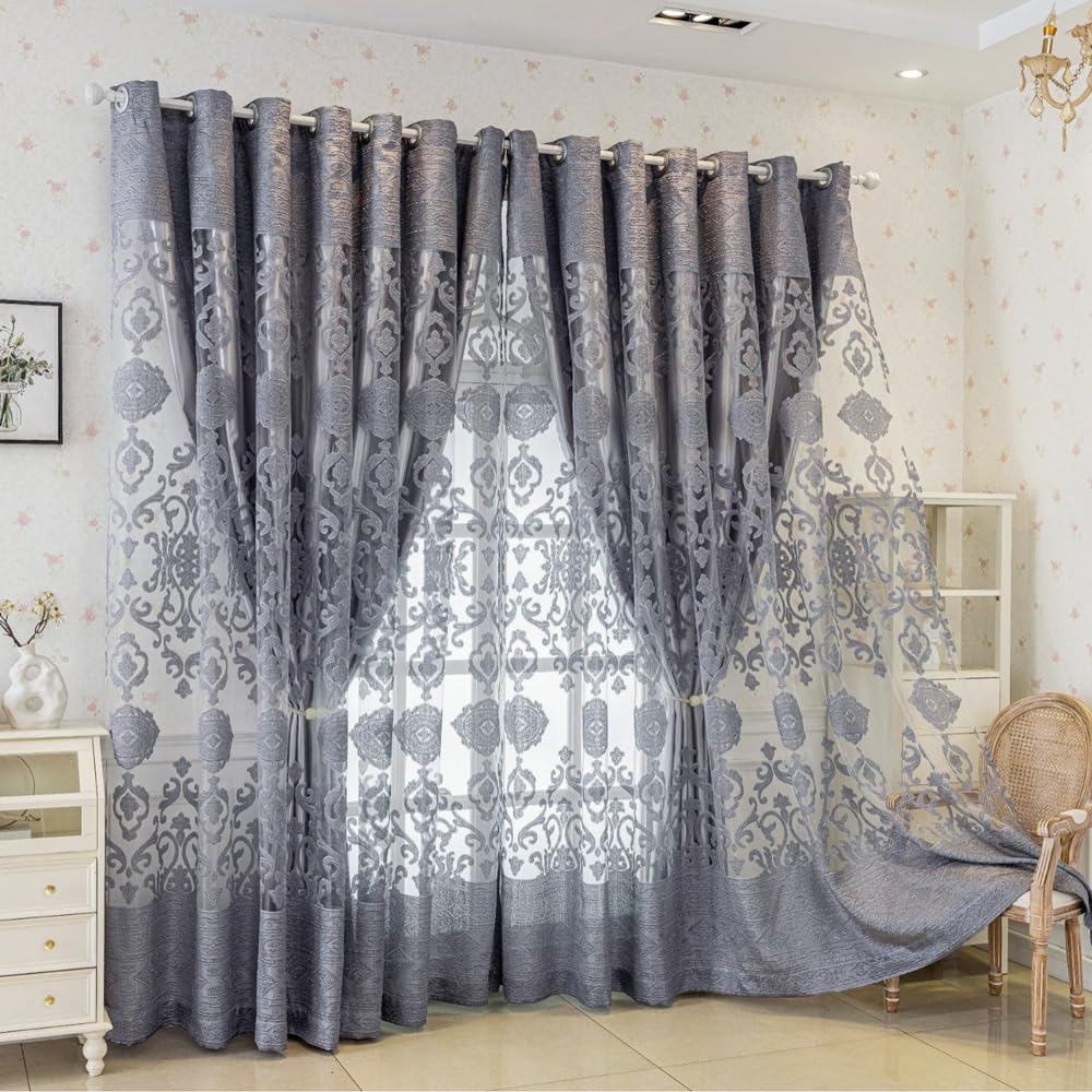 Photo 1 of Amidoudou 1 Pair Luxury Double Layered European High-Blackout Curtains Embroidered Curtains for Living Room Bedroom Balcony (Gray,72x102 Inch)