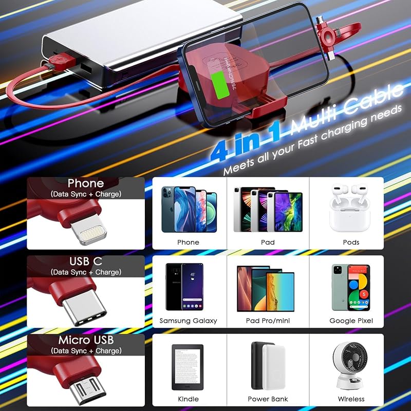 USB 4 in 1 Ladekabel, [1,2M] Multi Ladekabel Einziehbar,