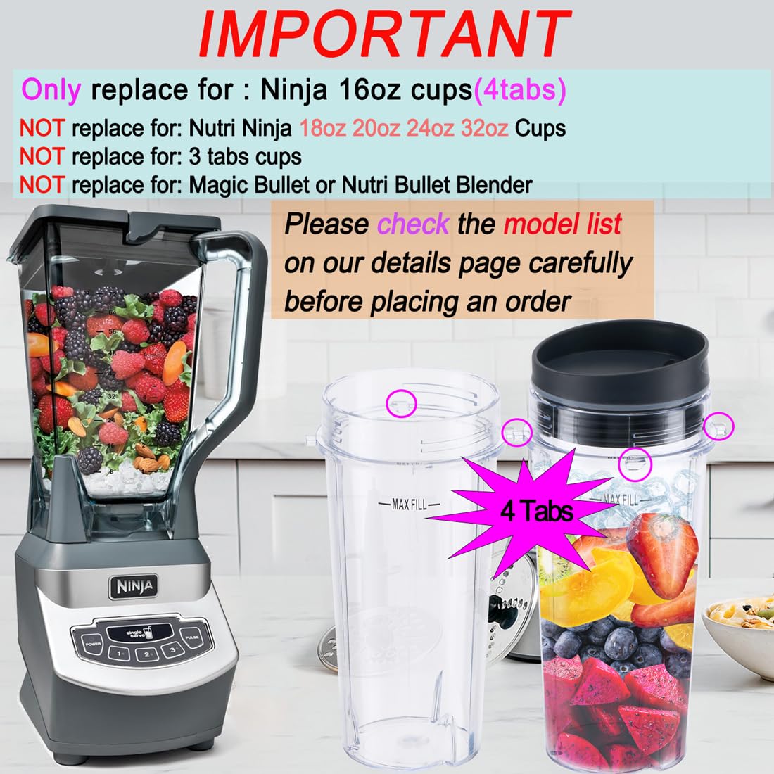 Replacement16oz Blender Cup for Ninja,Single Serve Blender Cup With Lids Set For BL770 BL780 BL660 BL740 BL810 Nutri Ninja Series Blenders (2-pack)
