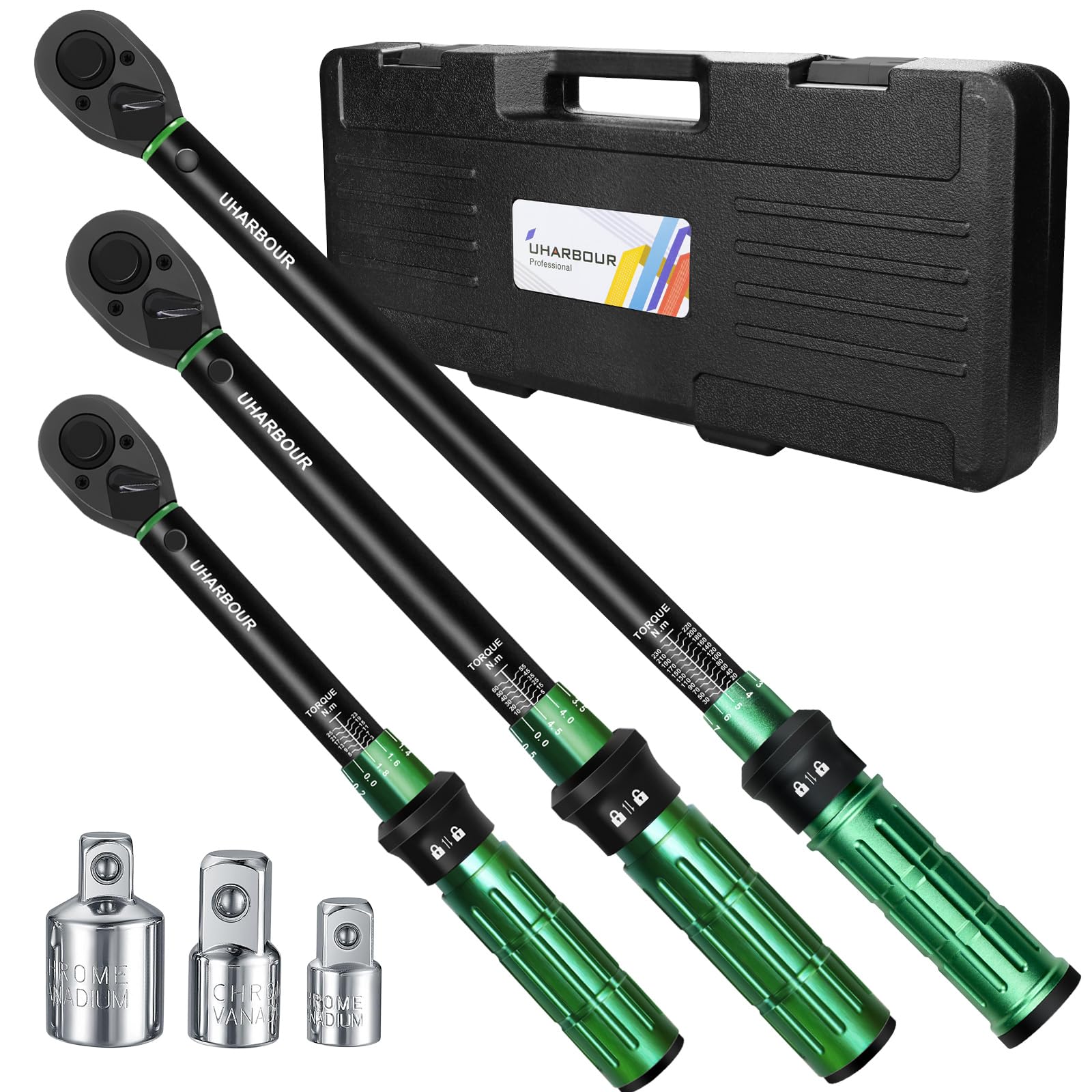 Uharbour Torque Wrench Set 1/4, 3/8, 1/2 Inch, 3-25, 5-60, 20-230 Nm, Torque Wrench Set with 3 Adapters, ±3% Accuracy, 72 Teeth Ratchet for Car, Motorcycle & Bicycle
