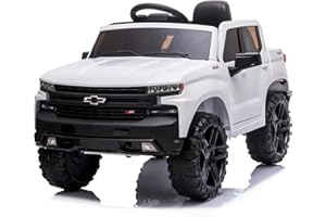 Kidzone 12V Battery Powered Licensed Chevrolet Silverado Trail Boss LT Kids Ride On Truck Car Electric Vehicle Jeep with Remote Control, MP3, LED Lights - White