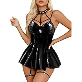 Rigeri Sexy Strappy Lingerie for Women Leather Lingerie Set with Garter Belt Underwire Dress with Thong 3 Piece S-XXL