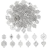 PH PandaHall 120pcs Tibetan Pendent 12 Style Antique Filigree Pendants Alloy Connector Teardrop Heart Lotus Shaped Linking Decoration Pendants for Bracelet Necklace Earring Jewelry Making Diwali